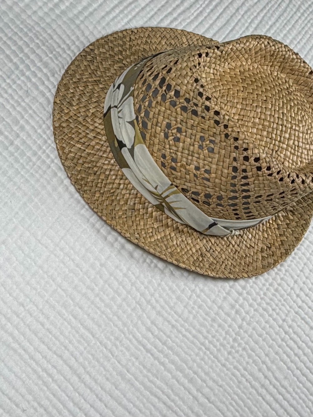 Authentic Natural Hand Woven Straw Fedora Breathable Hat Floral Scarf Band Sz L